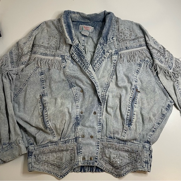 Jackets & Blazers - Y2K McBling Cowgirl Rhinestone Fringe 80s Western Studded Denim Jacket sz M L